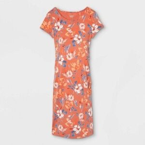 Isabel Maternity Orange and Blue Floral T-Shirt Ruched Midi Dress, Size XS 🗣